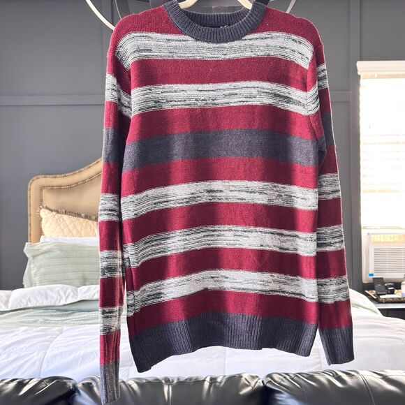 Studio 81 Striped Crewneck Sweater Men’s S GrandpaCore Retro Maroon Gray Knit - Picture 3 of 11